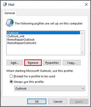 outlook profile remove