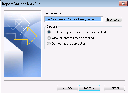 picture of selecting the PST file to export it to the exchange server