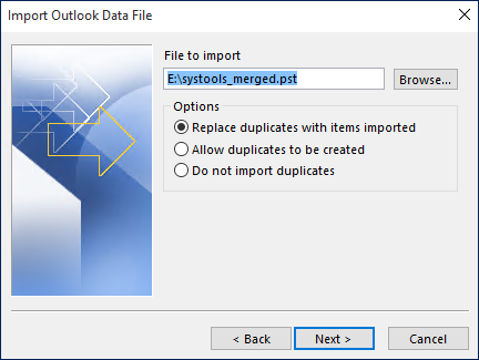 picture of browsing and selecting the .pst file