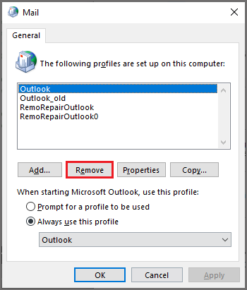 Select the existing Outlook profile and click on the Remove option