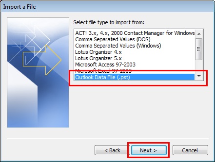 step 3 to import pst 2010