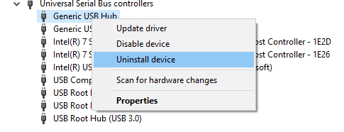 click USB controllers and select uninstall
