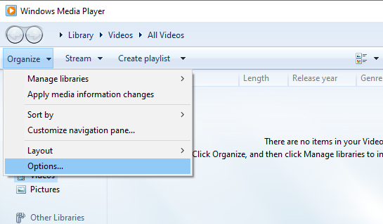 open windows media player and click the organise option to fix 0xc00d36c4 error