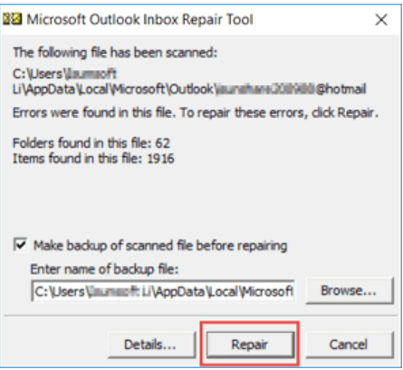 fix pst file using Microsoft Outlook Inbox Repair tool 