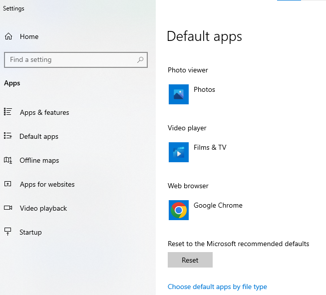 click default apps by file type to fix file association problem in powerpoint files