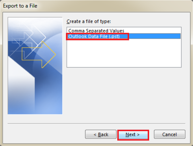 select the Outlook Data File(.pst)