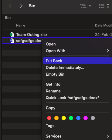 Click on put back to recover deleted word documents on mac