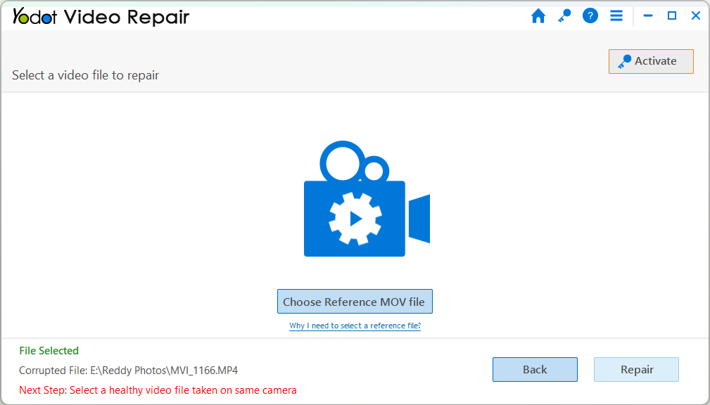 Select the reference video for reference and click on the Repair button to initiate the MP4 file