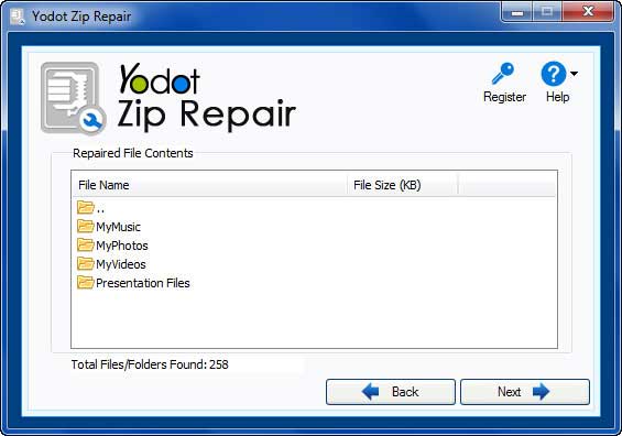 The software shows the repaired file contents of corrupt zip file