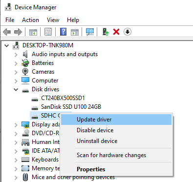 Click on update driver to fix unmounted sd card error