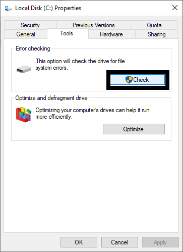 Click on check to recover corrupted hard drive 