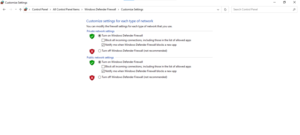 Click on turn windows firewall on or off to fix outlook receiving error 0x800ccc0f