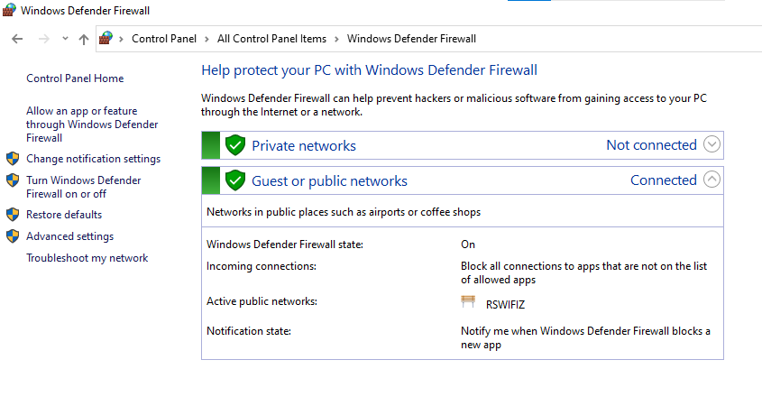 Click on windows firewall to fix outlook error 0x800ccc0f	