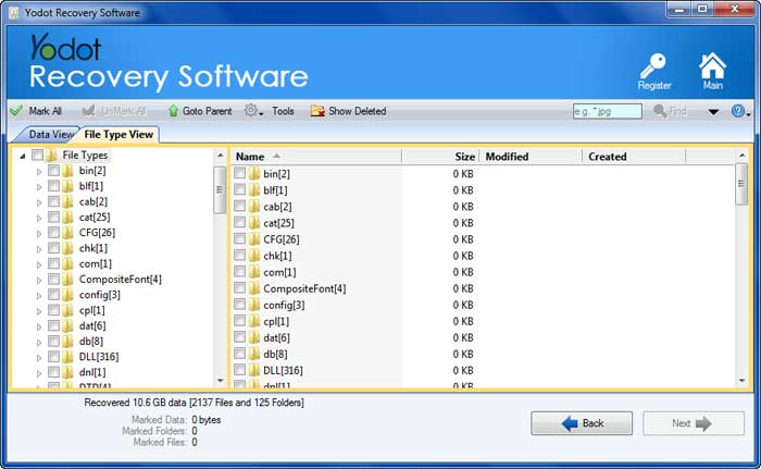 The tool displays the recovered data from unmountable sd card in file type view and data view
