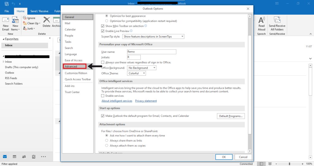 click-on-advance-option-in-outlook