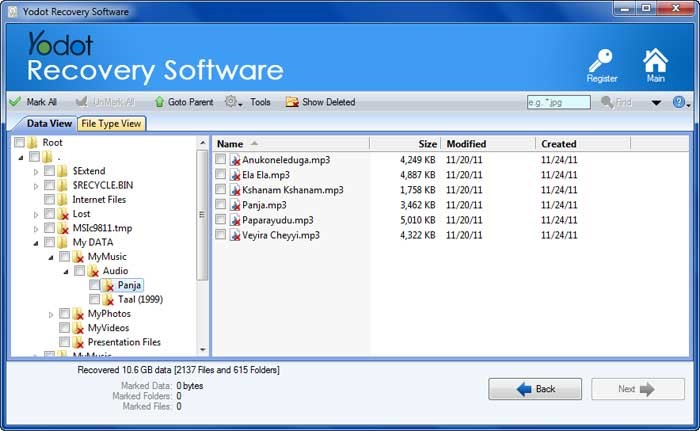  The software will scan the selected drive and show all the deleted files in both Data View and File Type View.
