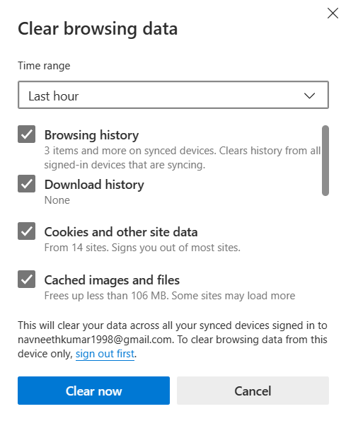 clear the browsing data on edge to fix video error code: 232011