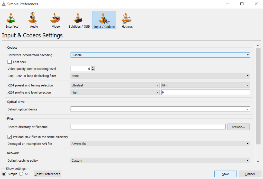 disable the hardware-accelerated decoding to play avi on VLC