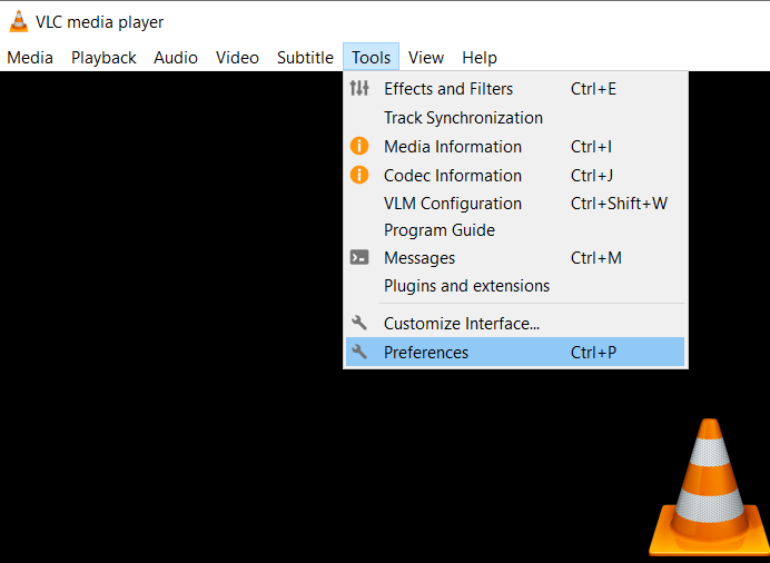open preferences option on the VLC player