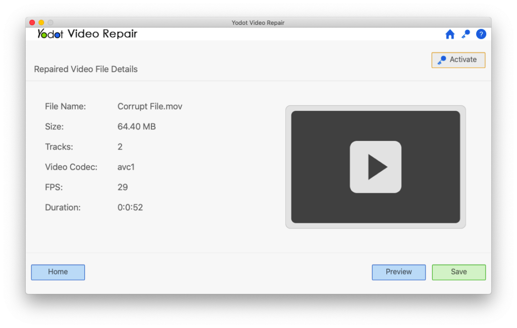 preview the repaired corrupt video file and save on the device