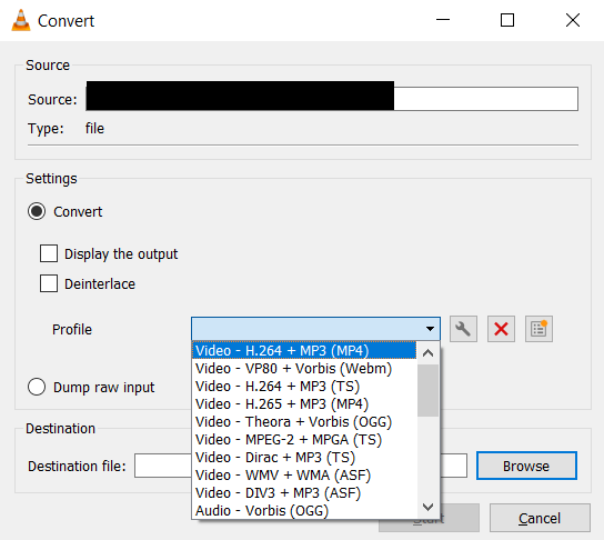 choose the file format options from the profile drop-down