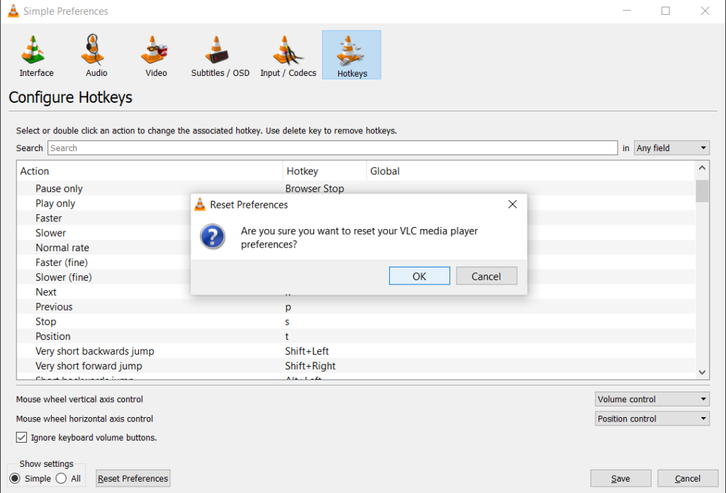 reset the preferences on the VLC Media player