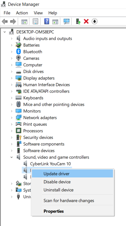 right -click and choose the audio driver