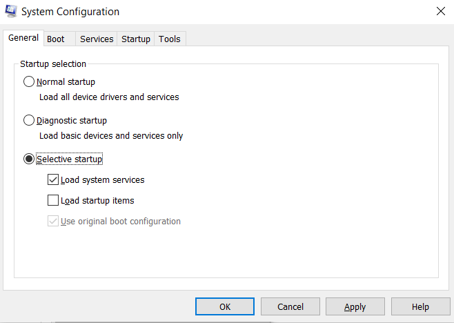 choose Selective Startup from General tab