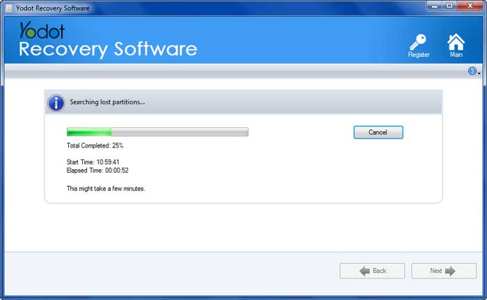 Yodot will start searching for the hidden or lost partitions