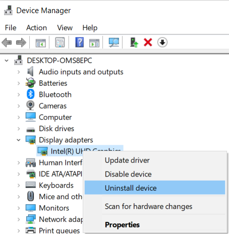 click on uninstall the device