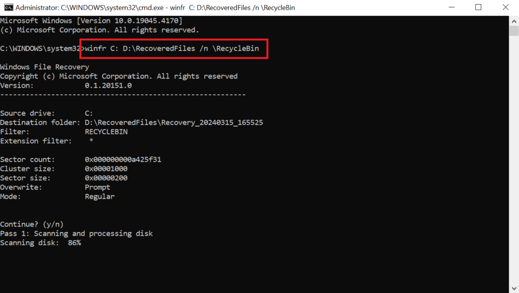 Press Y to continue scanning and recovery