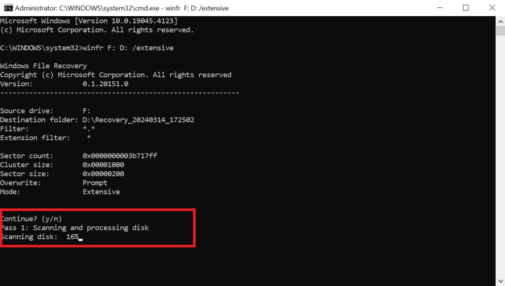 command winfr C: D:\RecoveredFiles /n \RecycleBin