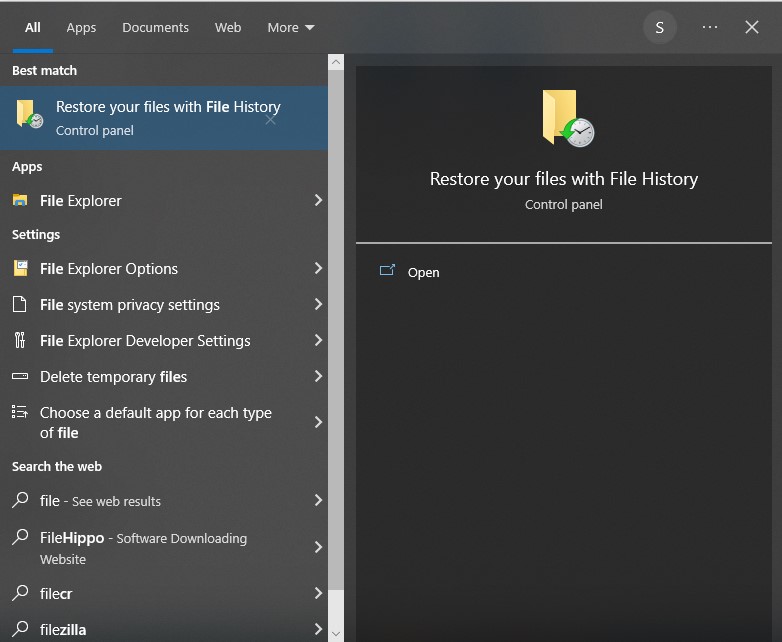 click on windows and search for file history