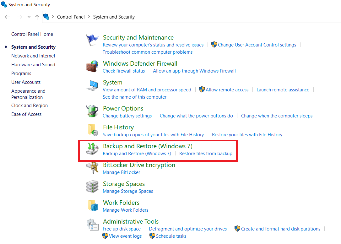 select the backup option