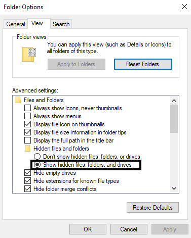 click on show hidden files and folders on windows 10